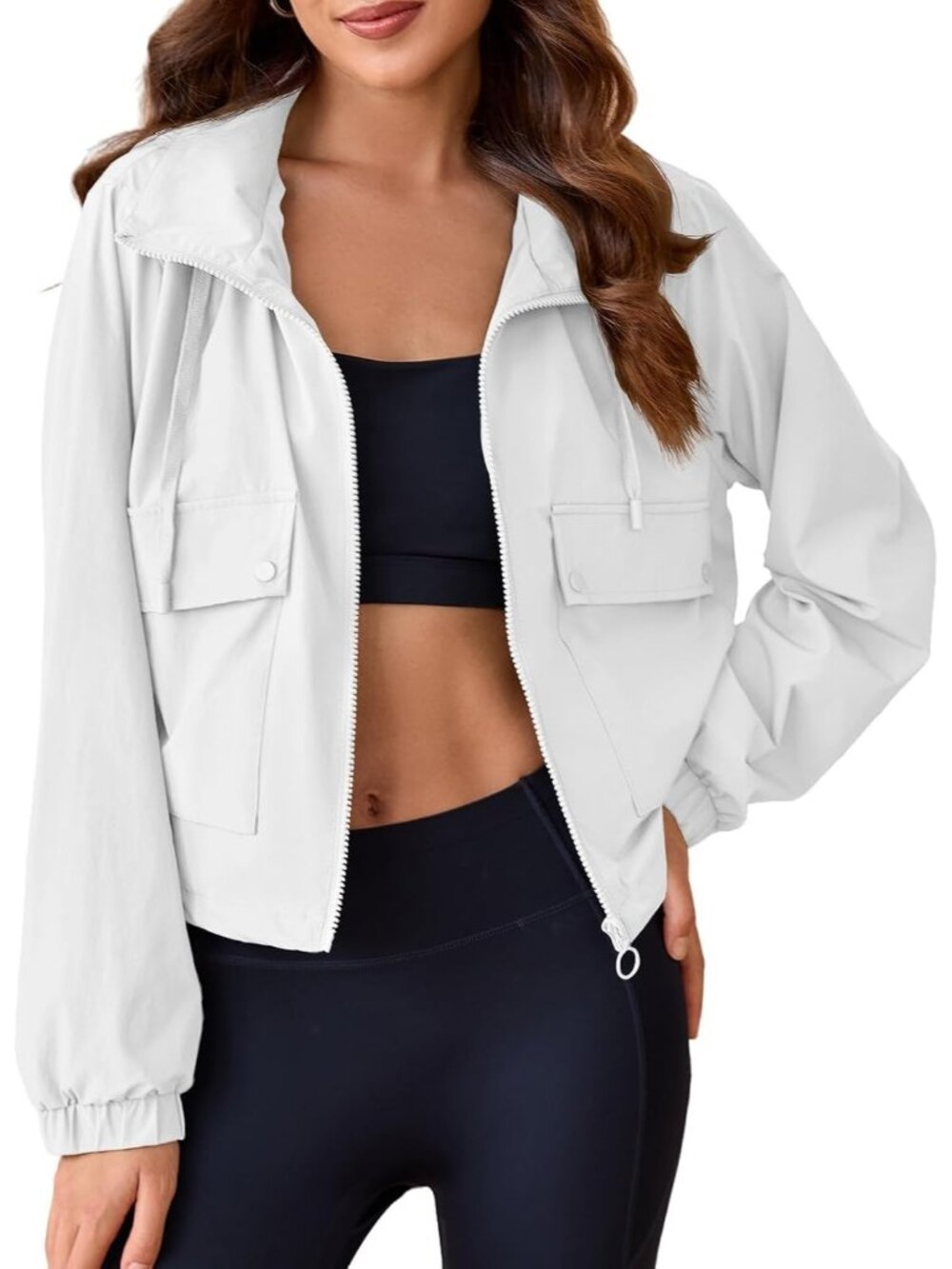 Womens White Long Sleeve Cropped Hooded ZIP Up Anorak Coat Military Jacket